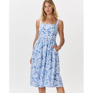 Quince Blue and White Floral Square-Neck Midi Dress